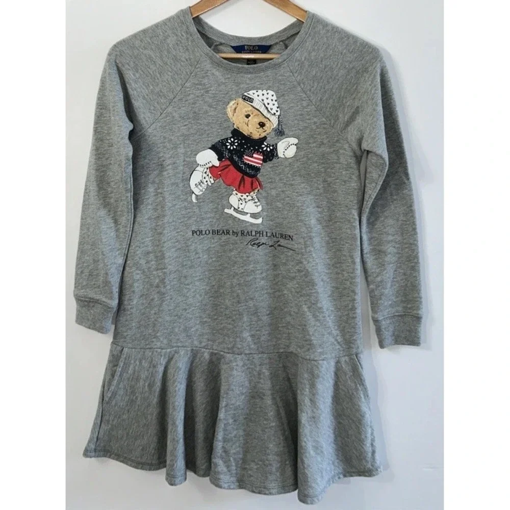 Girls Polo Ralph Lauren Polo Ice Skating Bear Fleece Sweatshirt Dress Med 8 10